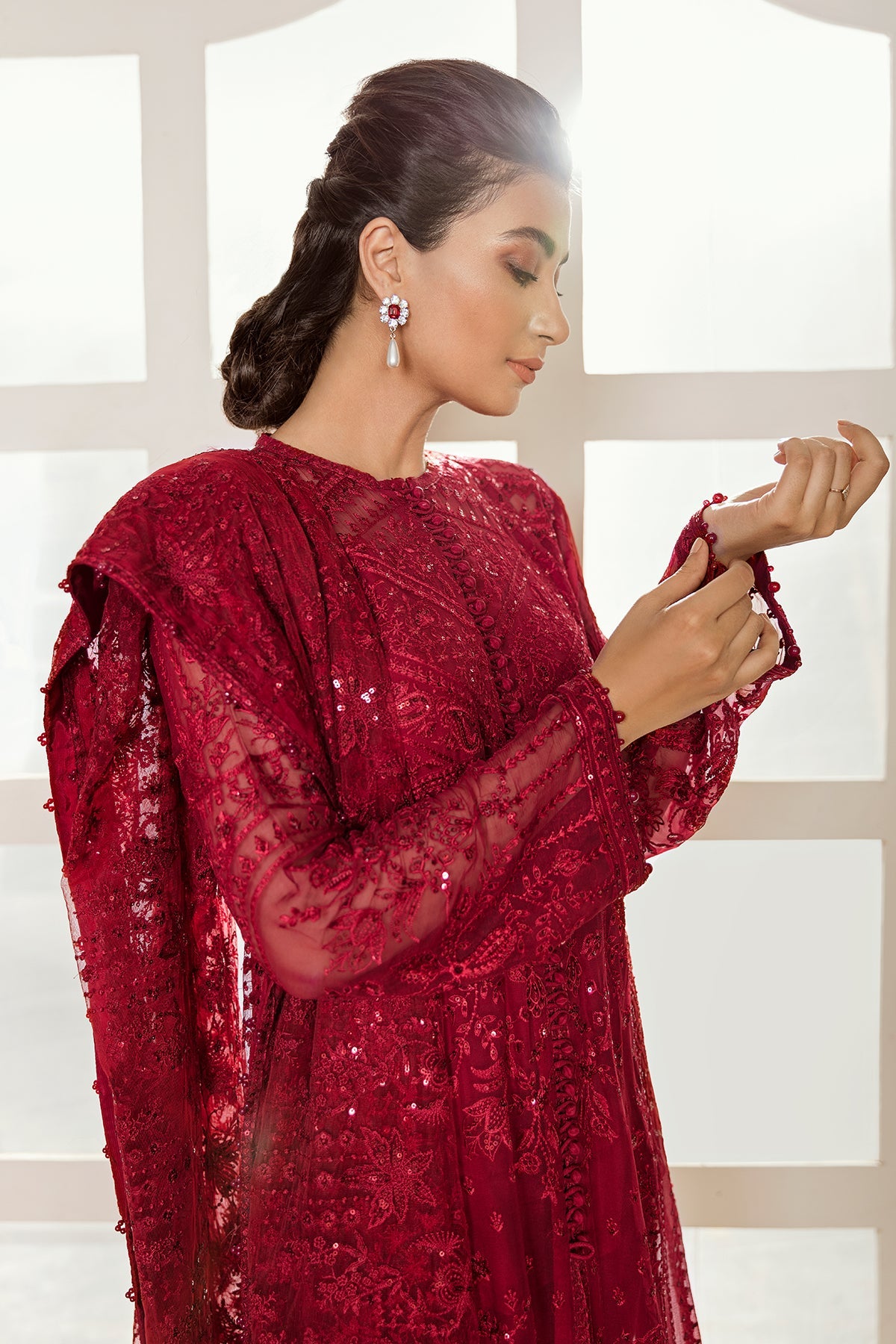 Pakistani Deep Red Embroidered Chiffon Salwar Kameez (3-Piece) - Image 4