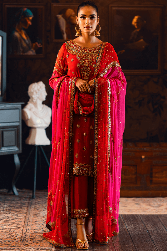 Pakistani Red Embroidered Chiffon Kurta Set (3-Piece) - Image 2