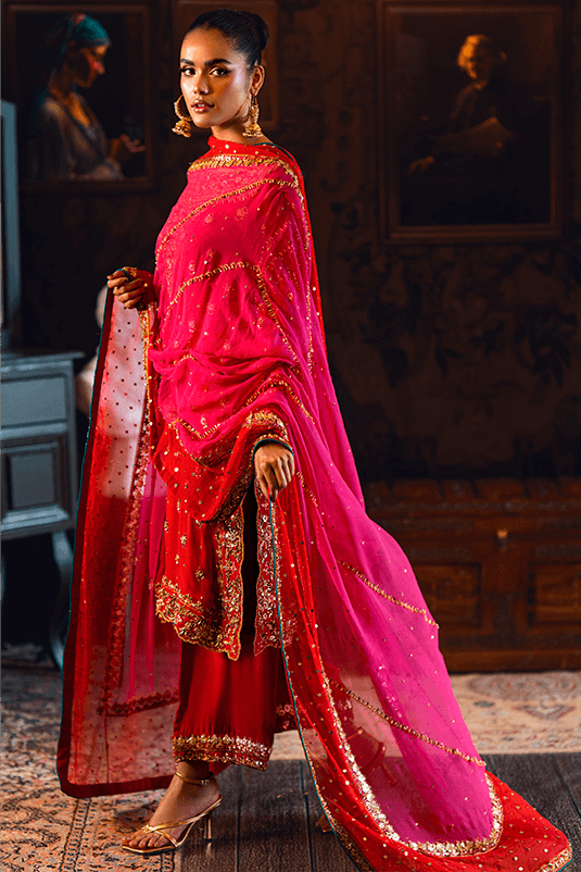 Pakistani Red Embellished Chiffon & PK Raw Silk Kurta (3-Piece) - Image 1