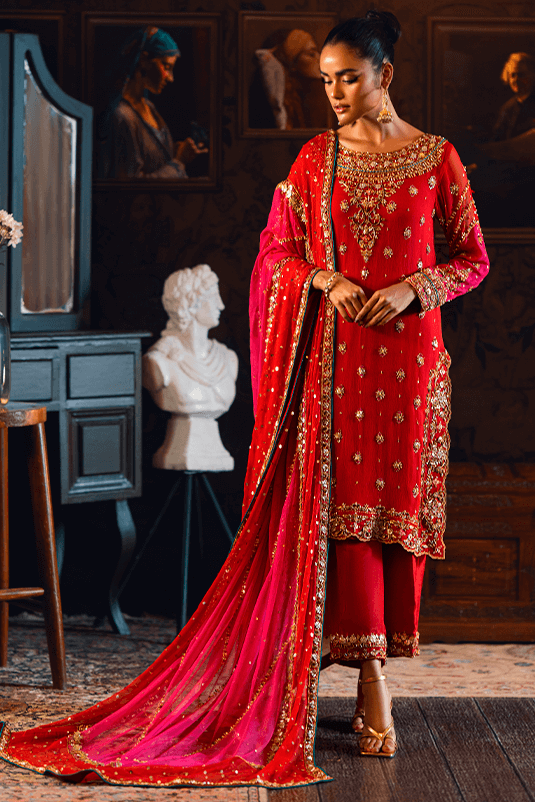 Pakistani Red Embellished Chiffon & PK Raw Silk Kurta (3-Piece) - Image 3