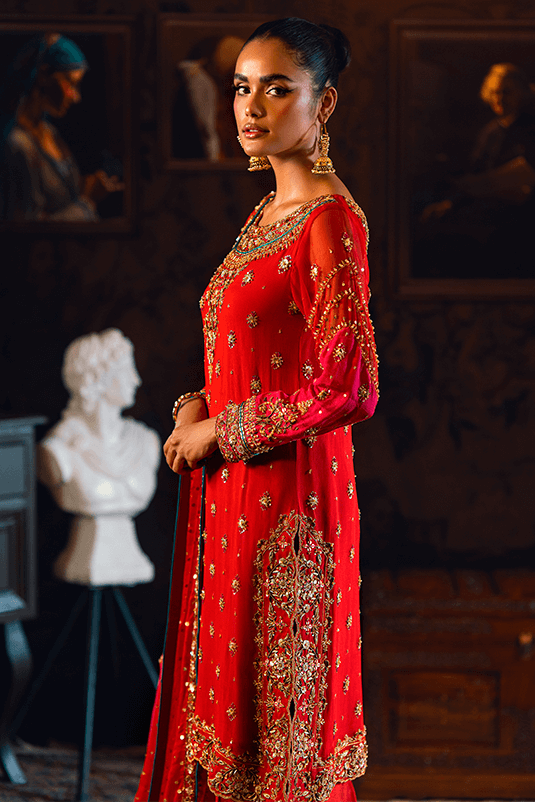 Pakistani Red Embellished Chiffon & PK Raw Silk Kurta (3-Piece) - Image 4
