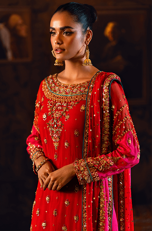 Pakistani Red Embellished Chiffon & PK Raw Silk Kurta (3-Piece) - Image 5