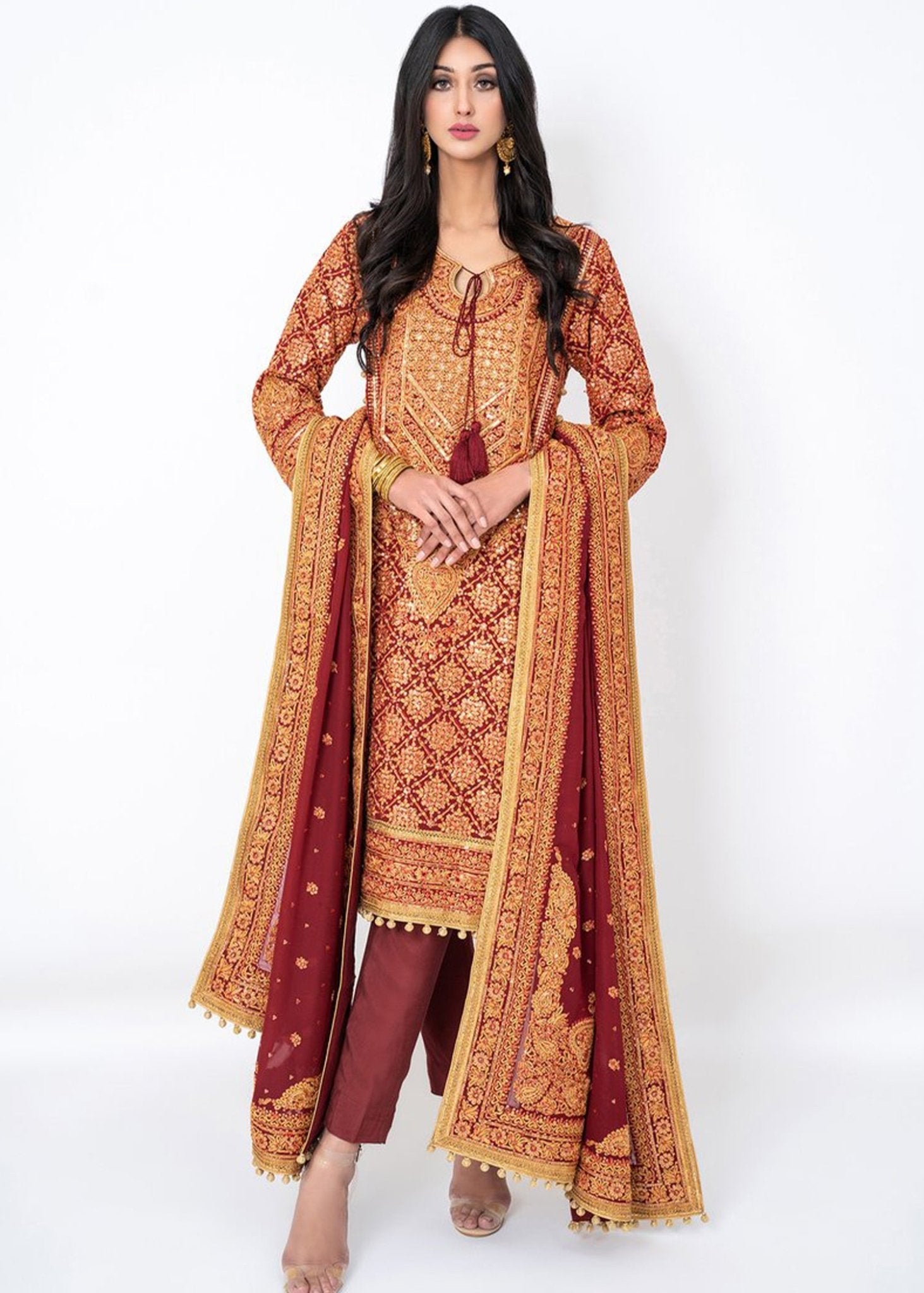 Pakistani Deep Red Zari Sequin Chiffon Kurta (2-Piece) - Image 1