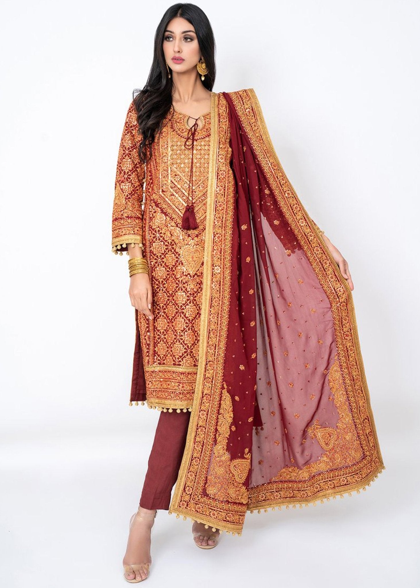 Pakistani Deep Red Zari Sequin Chiffon Kurta (2-Piece) - Image 2