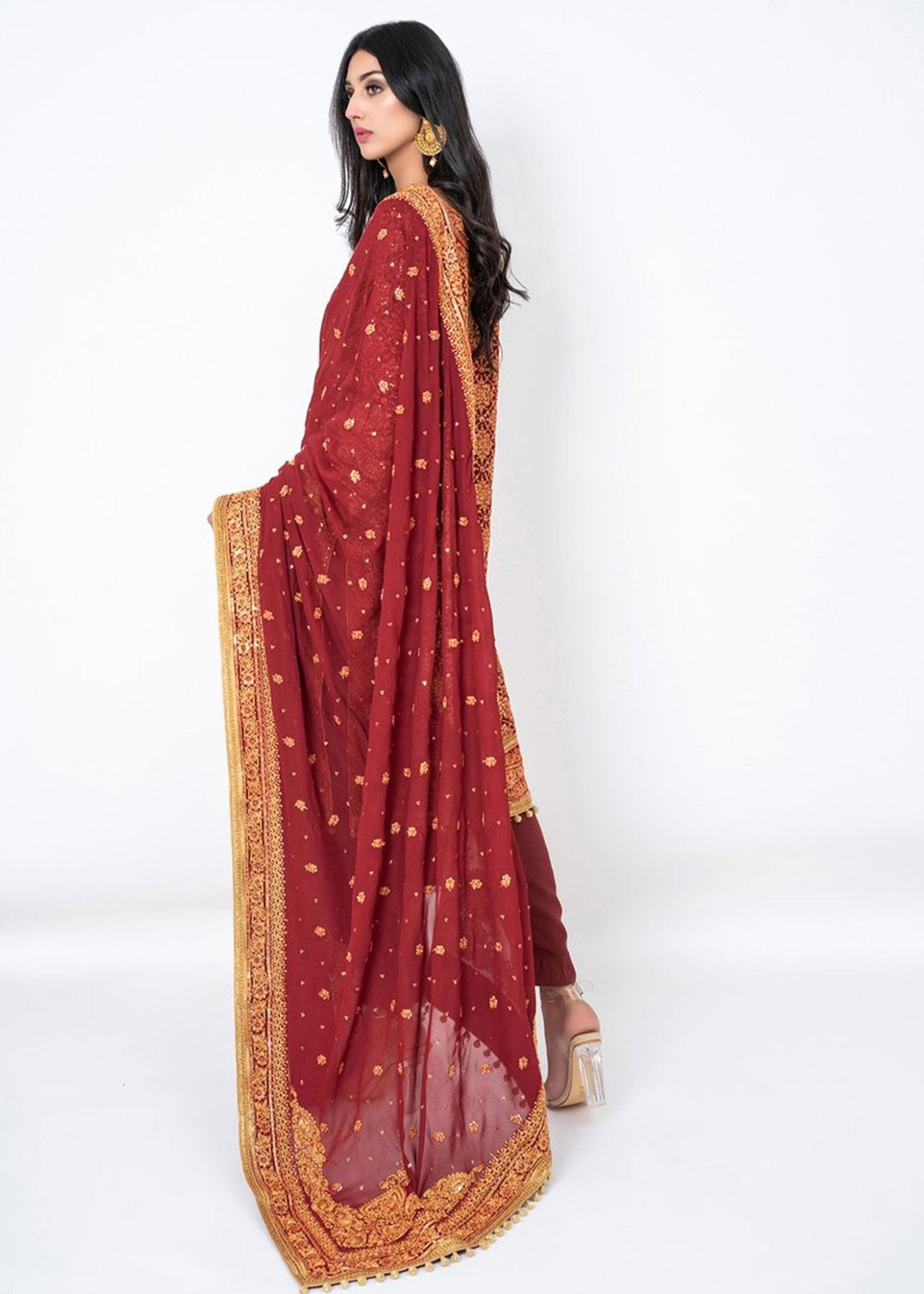 Pakistani Deep Red Zari Sequin Chiffon Kurta (2-Piece) - Image 3