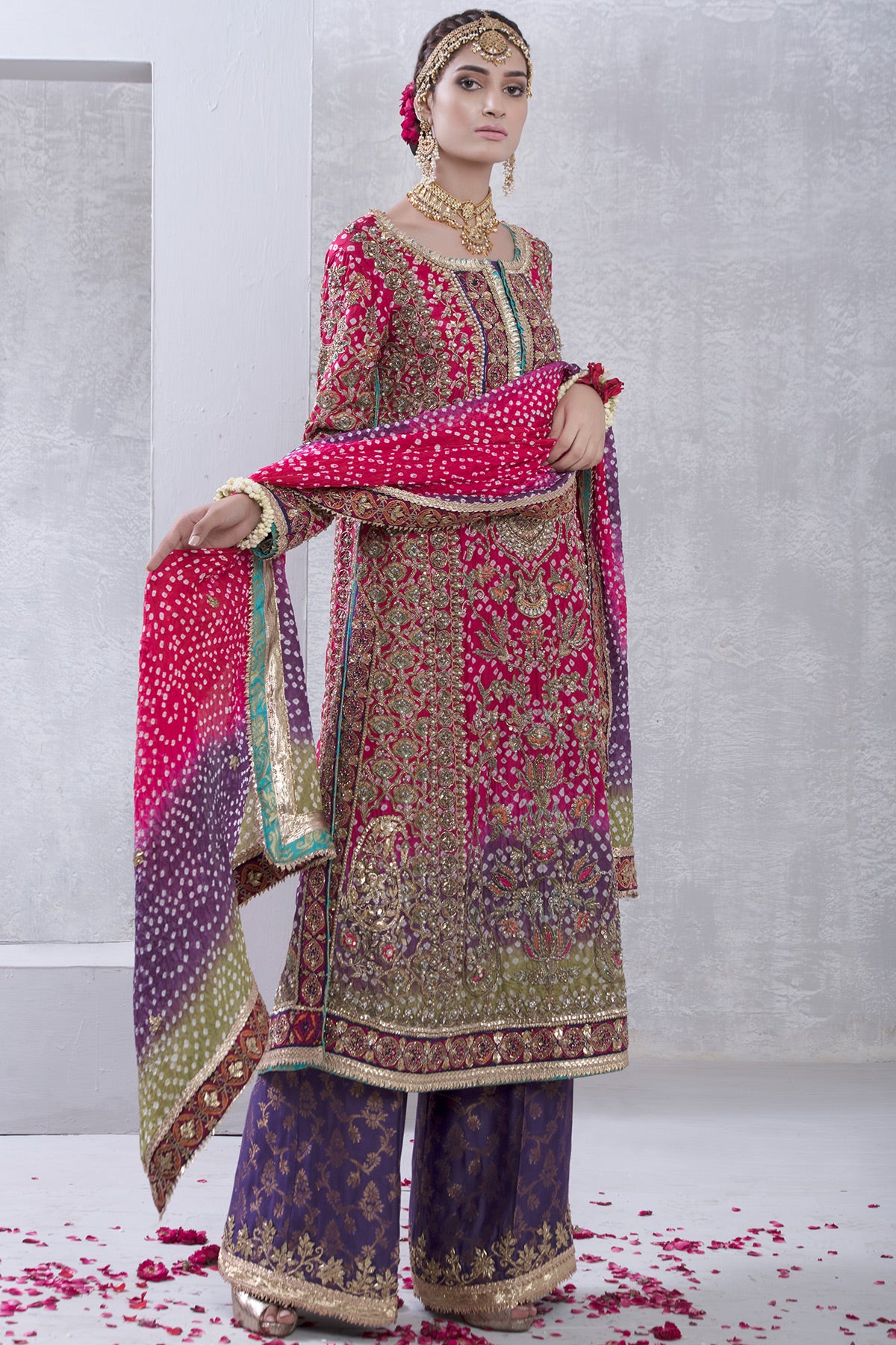 Red Zardozi Chunri Silk Bridal Salwar Kameez (3-Piece) - Image 2