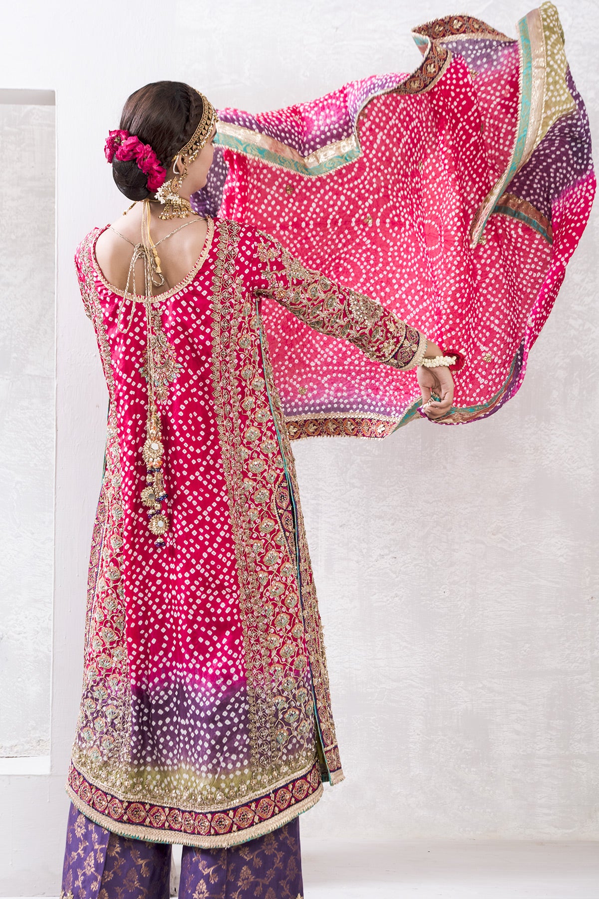 Red Zardozi Chunri Silk Bridal Salwar Kameez (3-Piece) - Image 3