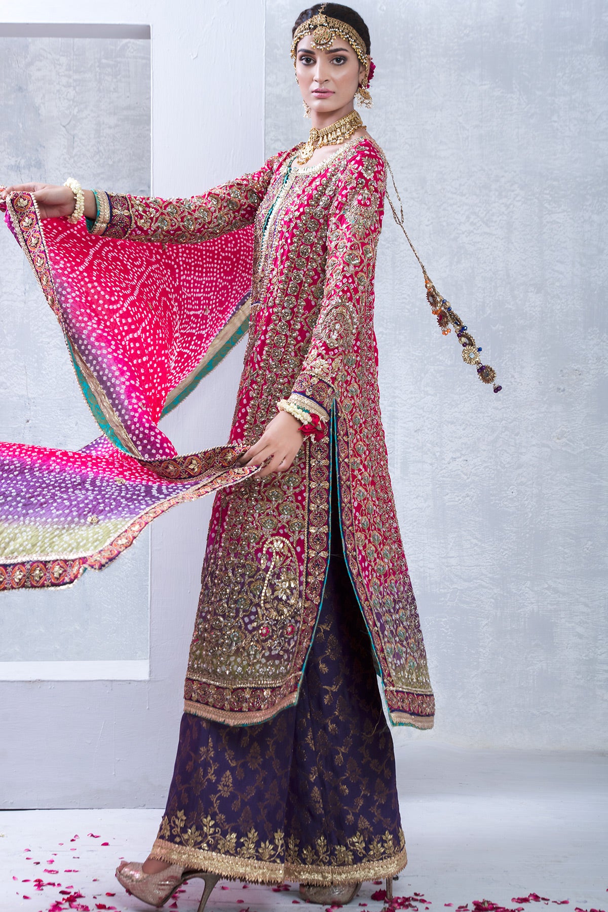 Red Zardozi Chunri Silk Bridal Salwar Kameez (3-Piece) - Image 4