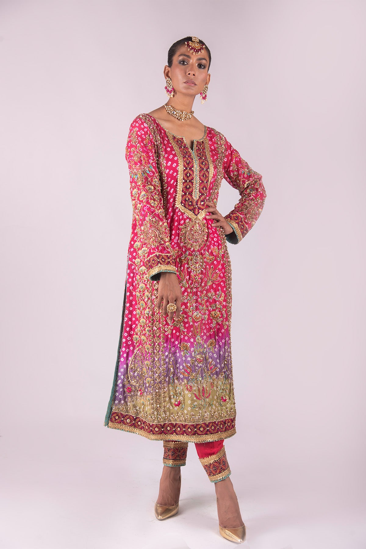 Pakistani Red & Purple Embellished Chunri Silk Salwar Kameez (3-Piece) - Image 1