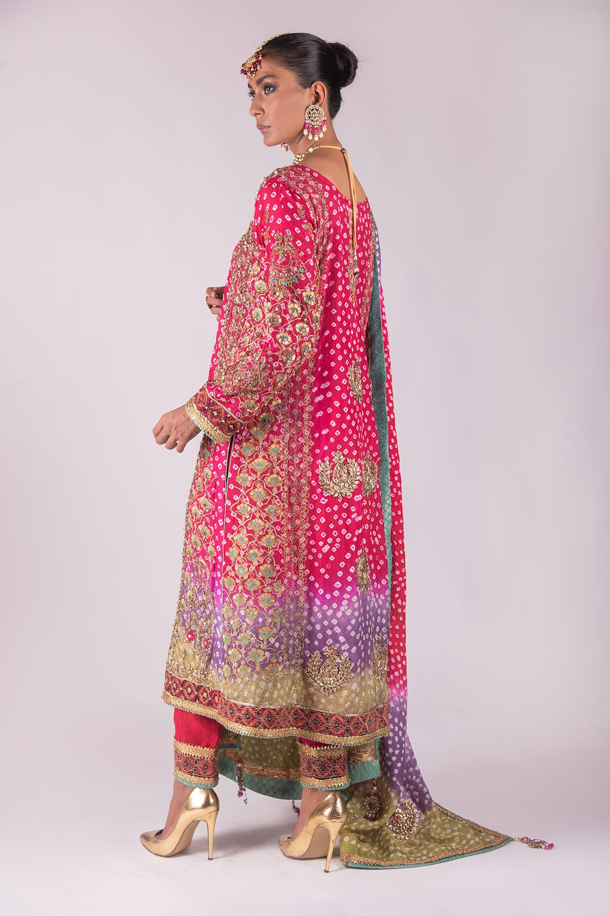Pakistani Red & Purple Embellished Chunri Silk Salwar Kameez (3-Piece) - Image 3