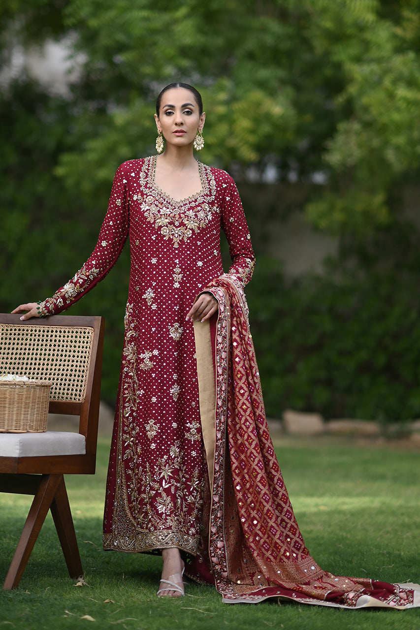 Pakistani Crimson Embroidered Cotton Net Salwar Kameez (3-Piece) - Image 1