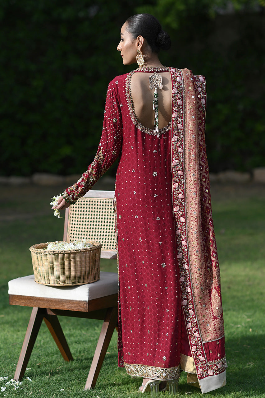 Pakistani Crimson Embroidered Cotton Net Salwar Kameez (3-Piece) - Image 2