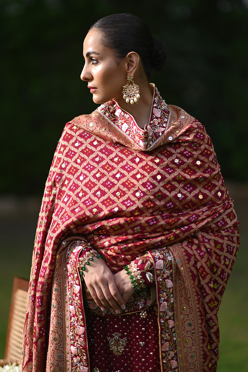 Pakistani Crimson Embroidered Cotton Net Salwar Kameez (3-Piece) - Image 4