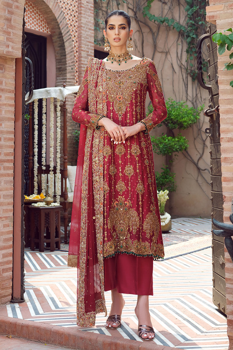 Red Hand-Embroidered Cotton Net Salwar Kameez (3-Piece) - Image 1