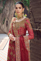 Red Hand-Embroidered Cotton Net Salwar Kameez (3-Piece) - Image 3