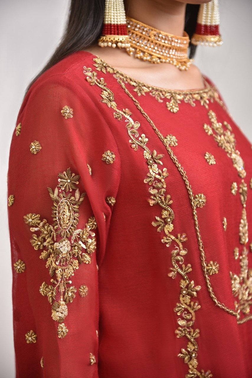 Pakistani Deep Red Zardozi Cotton Net Salwar Kameez (3-Piece) - Image 2