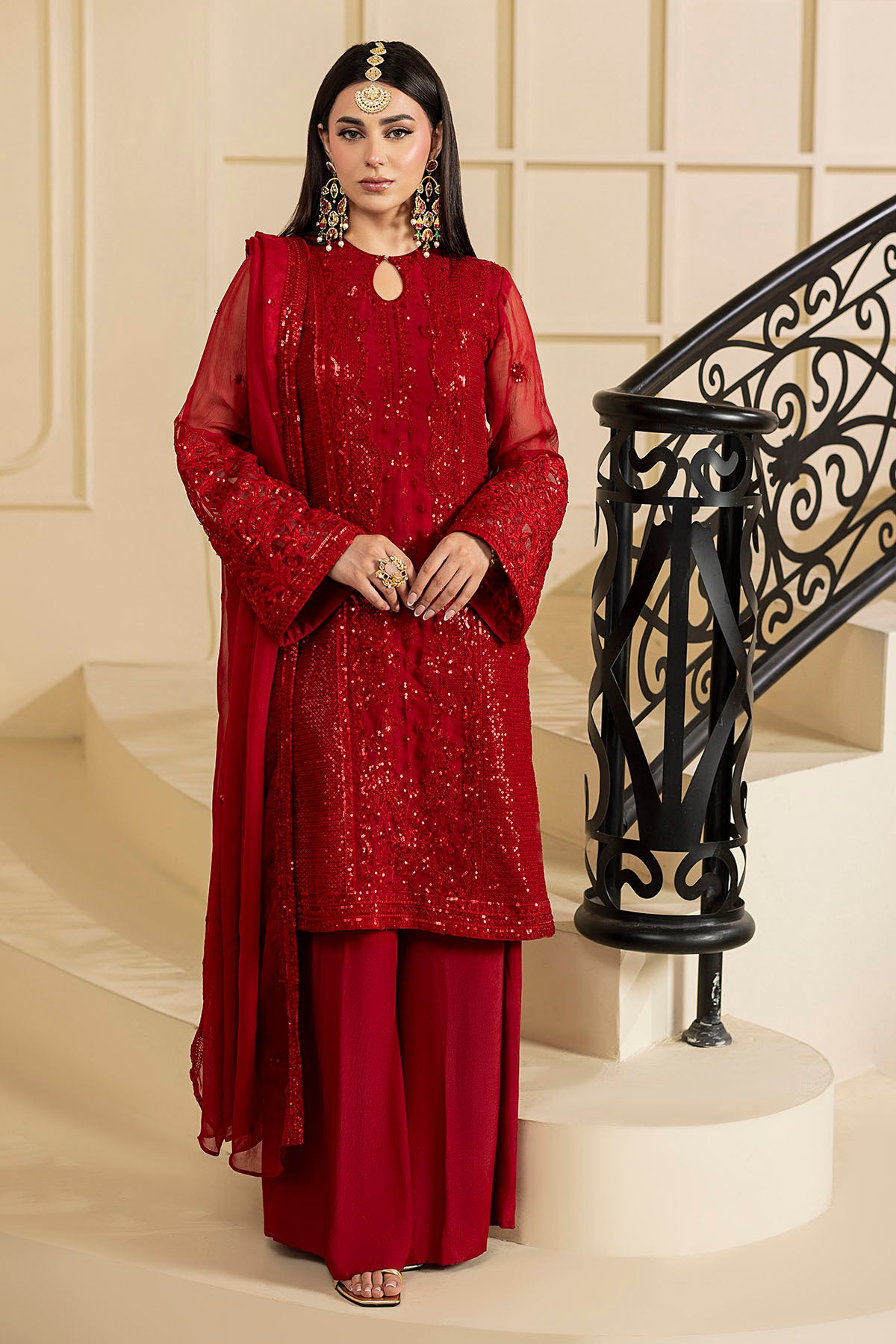Pakistani Deep Red Embroidered Crinkle Chiffon Salwar Kameez (3-Piece) - Image 1