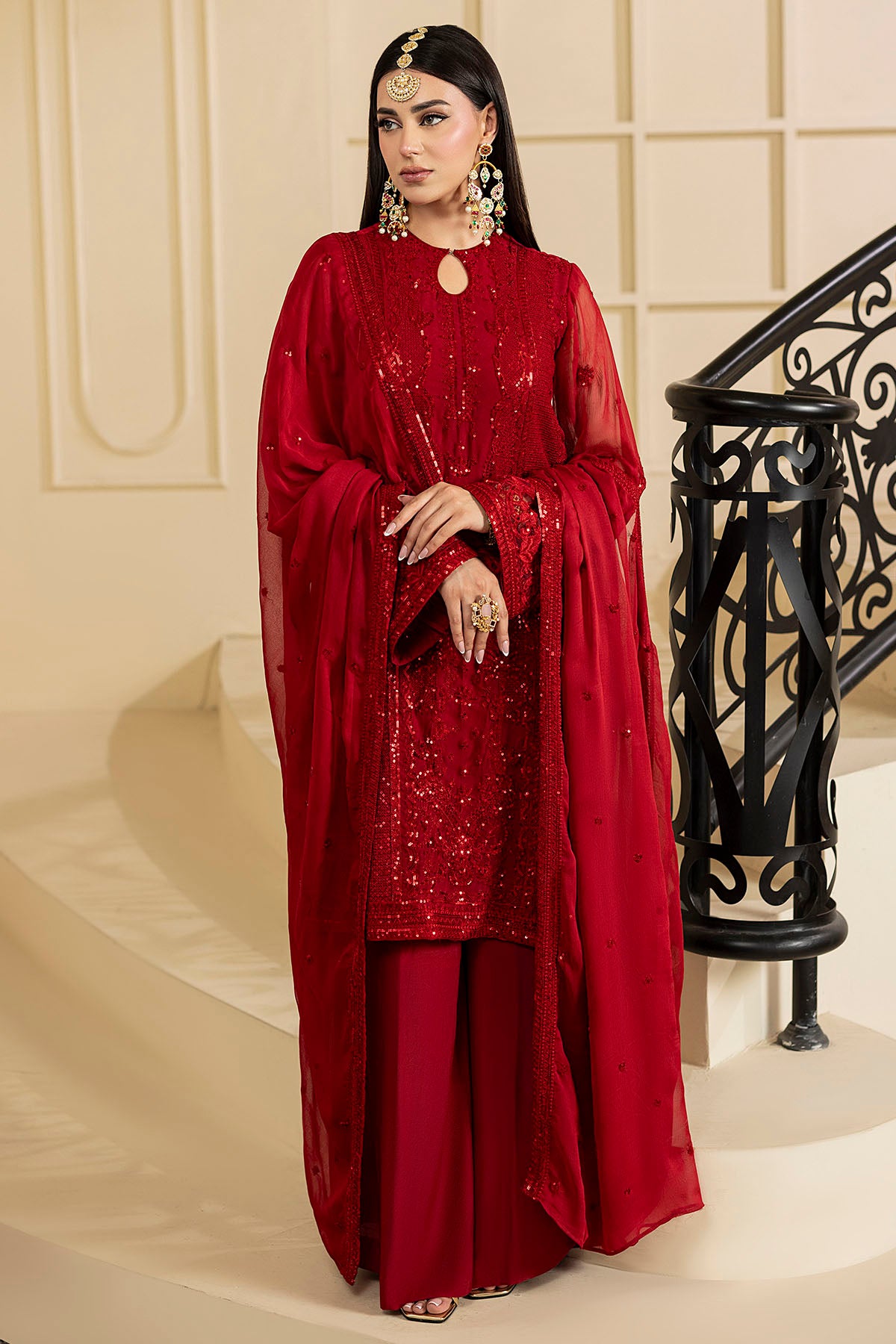 Pakistani Deep Red Embroidered Crinkle Chiffon Salwar Kameez (3-Piece) - Image 2