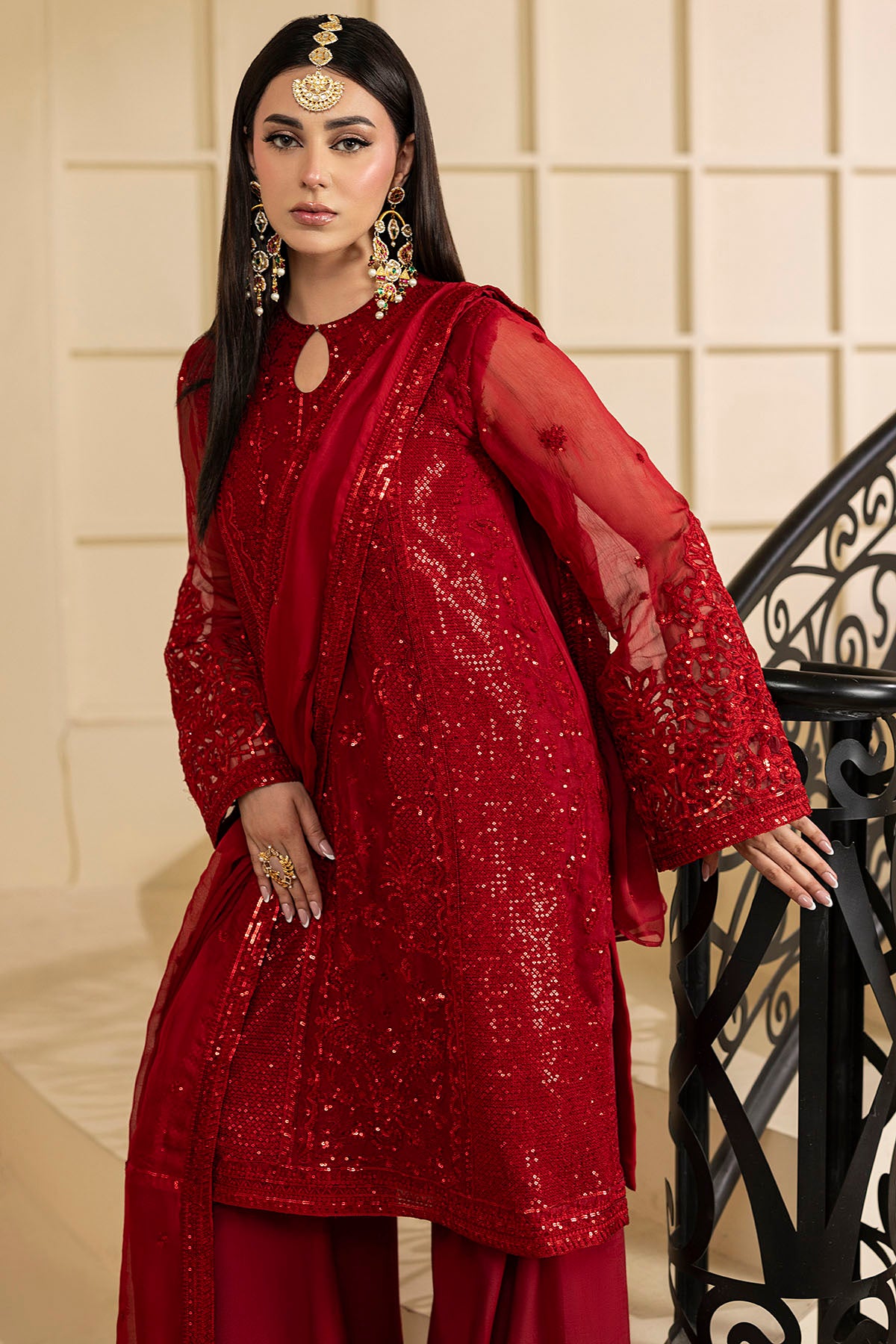 Pakistani Deep Red Embroidered Crinkle Chiffon Salwar Kameez (3-Piece) - Image 3