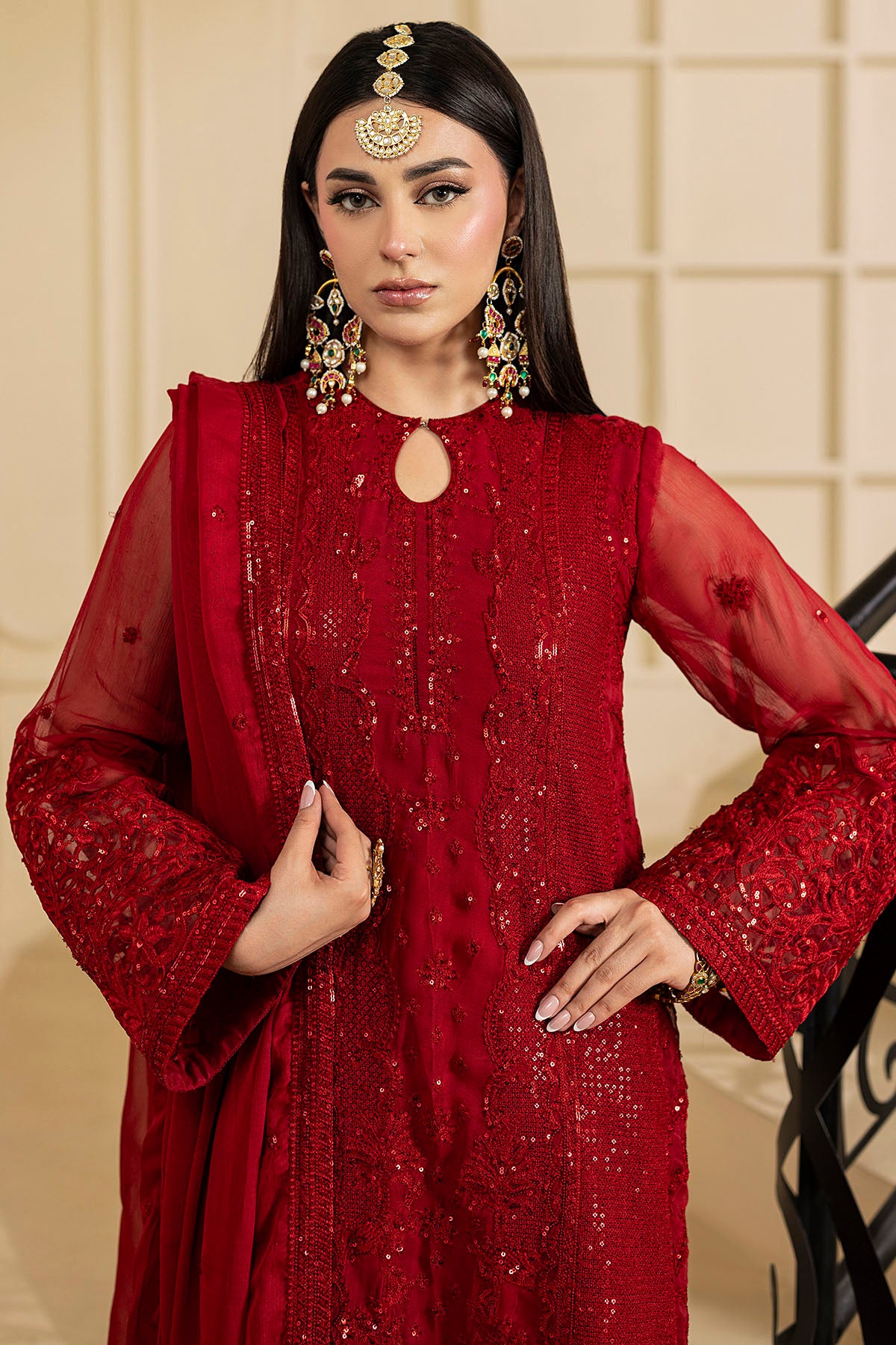 Pakistani Deep Red Embroidered Crinkle Chiffon Salwar Kameez (3-Piece) - Image 4