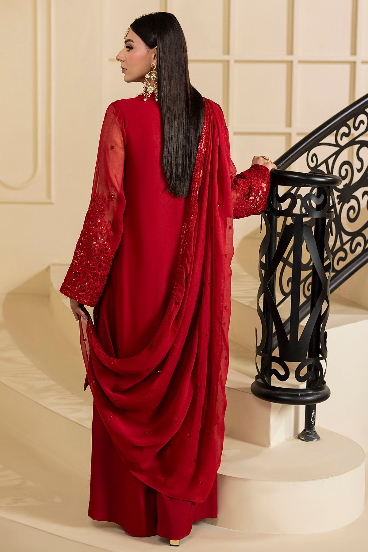 Pakistani Deep Red Embroidered Crinkle Chiffon Salwar Kameez (3-Piece) - Image 5