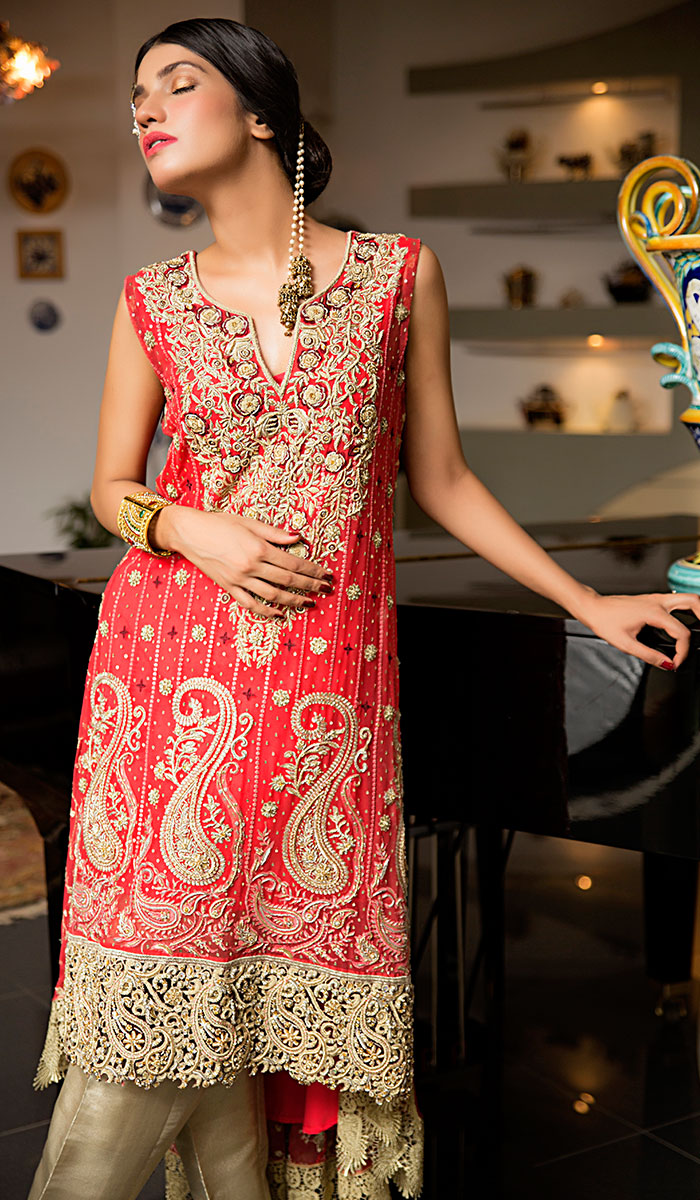 Pakistani Red Embroidered Georgette Salwar Kameez (2-Piece) - Image 1