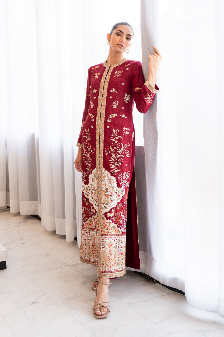 Pakistani Crimson Embroidered Jamawar & Silk Jacket Set (2-Piece) - Image 1