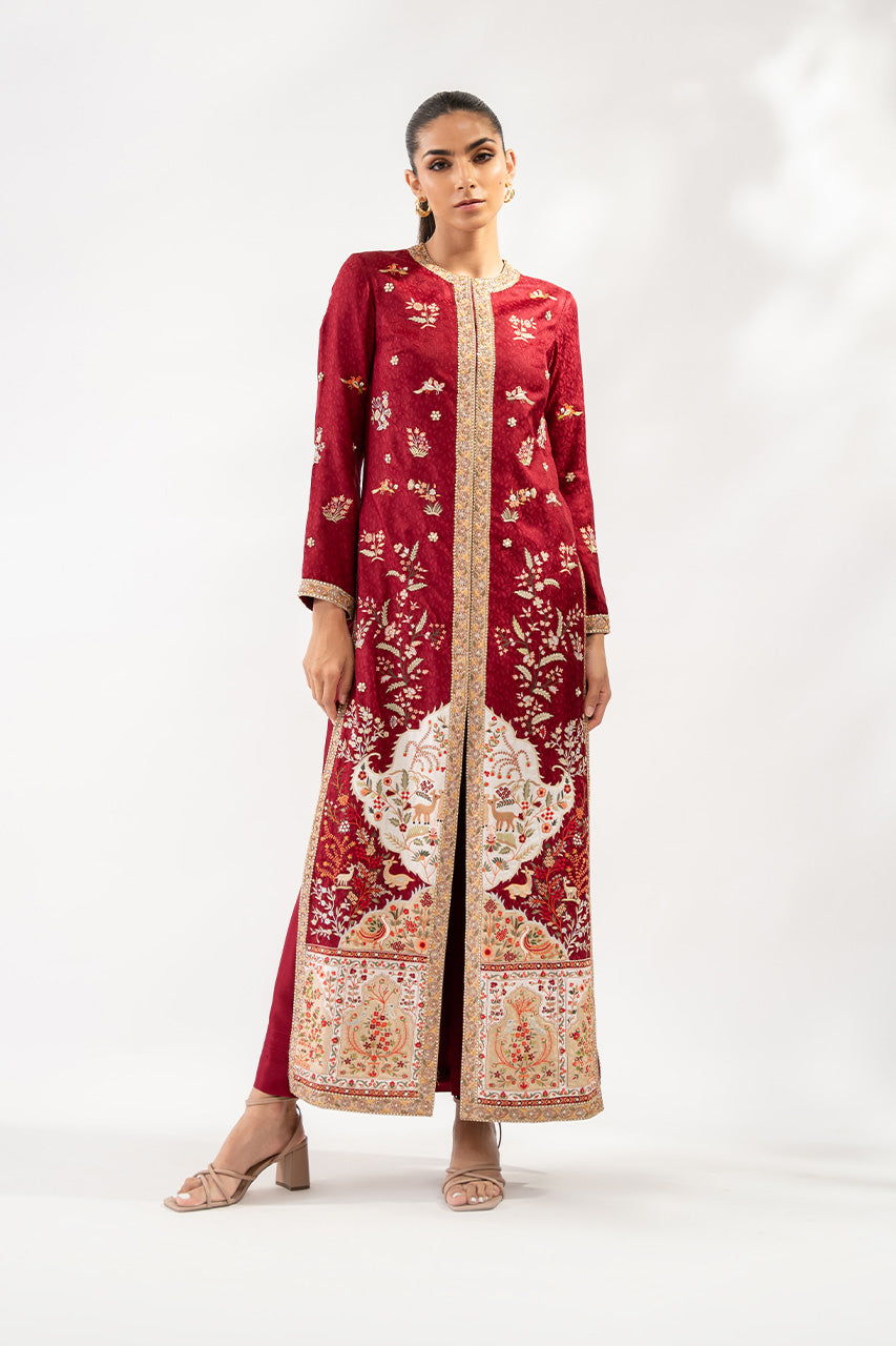 Pakistani Crimson Embroidered Jamawar & Silk Jacket Set (2-Piece) - Image 3