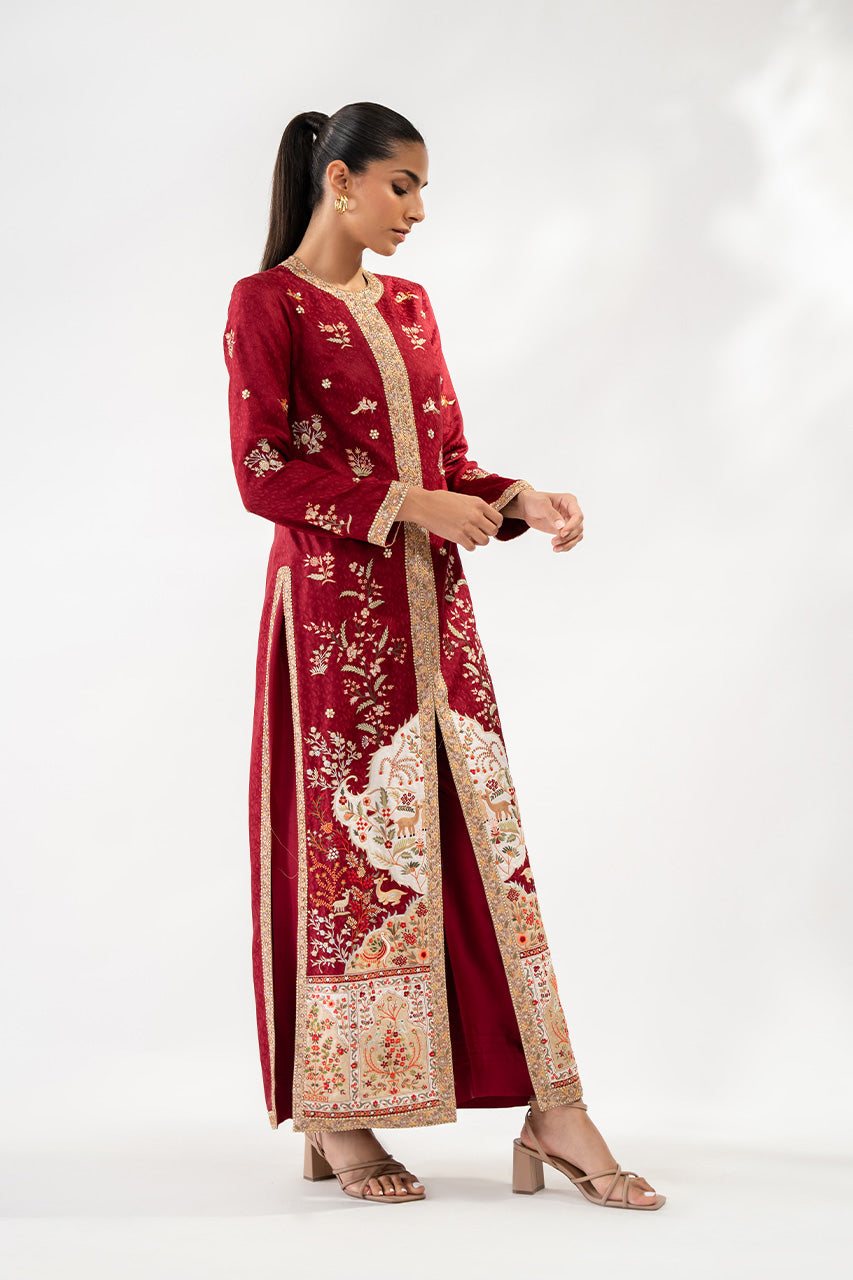 Pakistani Crimson Embroidered Jamawar & Silk Jacket Set (2-Piece) - Image 5