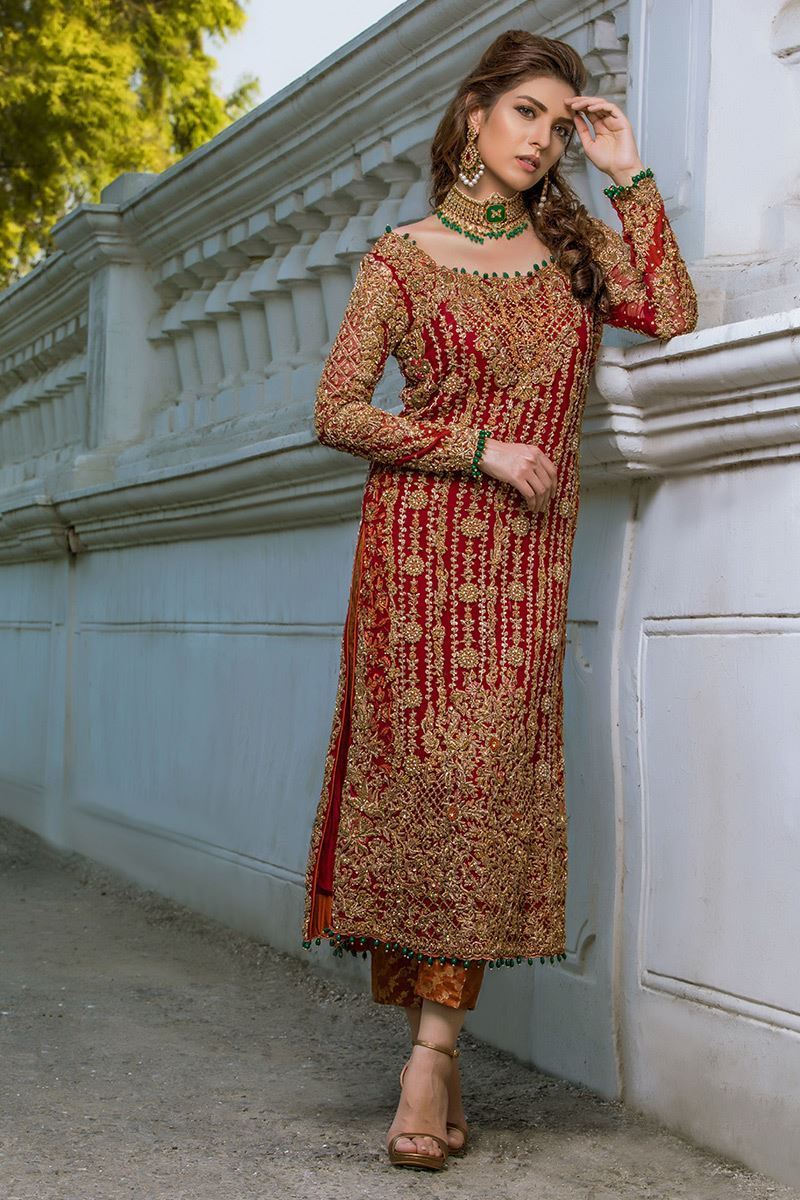 Pakistani Red Zardozi Cutwork Jamawar Salwar Kameez (3-Piece) - Image 1