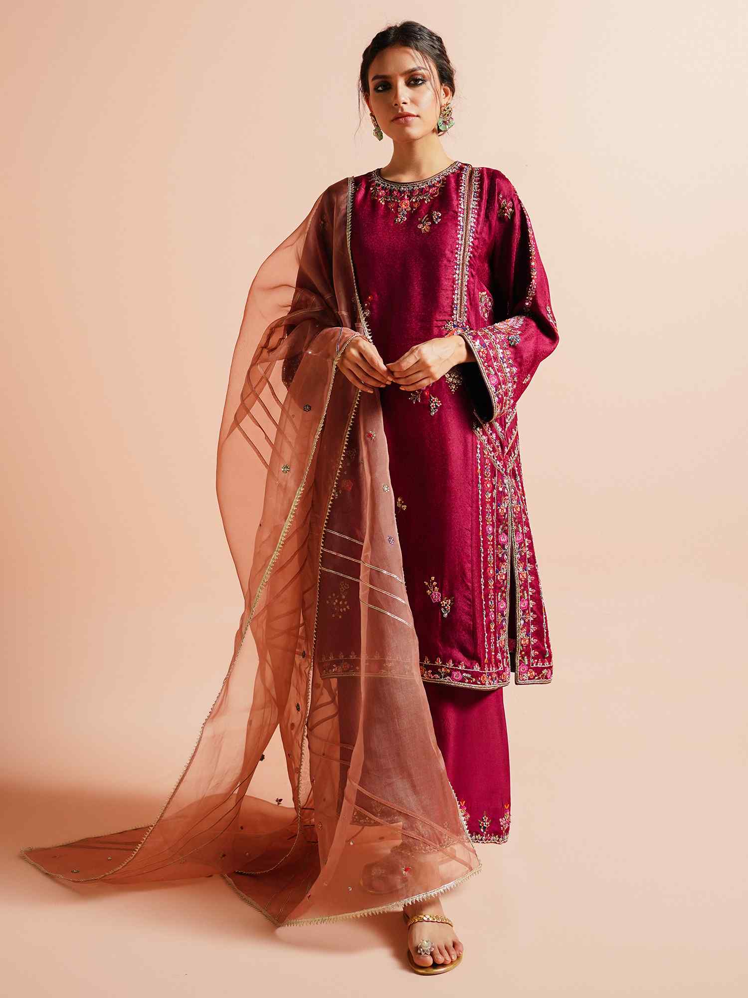 Pakistani Crimson Zardozi Jamawar Salwar Kameez (3-Piece) - Image 1