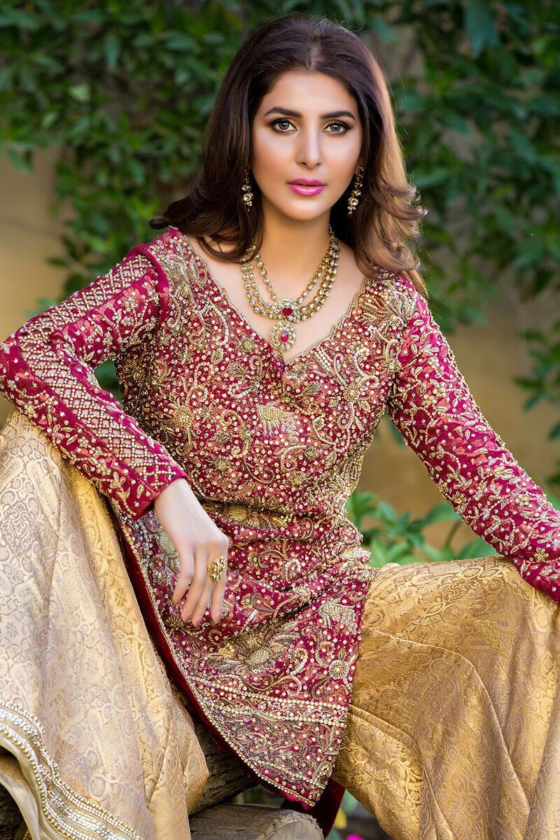 Pakistani Deep Red Zardozi Embroidered Bridal Shirt (2-Piece) - Image 1