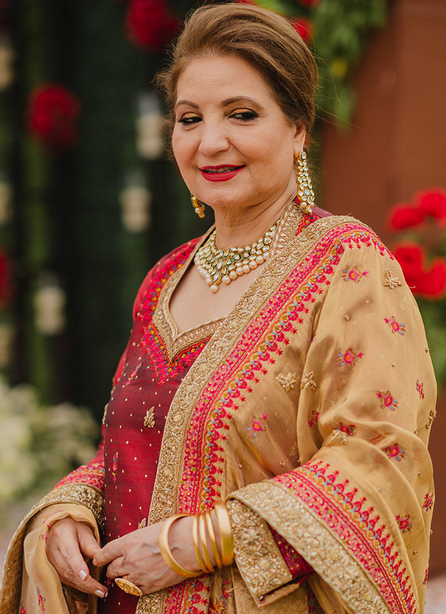 Pakistani Crimson Red Embroidered Katan Silk Salwar Kameez (3-Piece) - Image 1