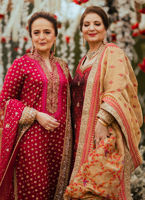 Pakistani Crimson Red Embroidered Katan Silk Salwar Kameez (3-Piece) - Image 3