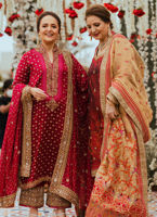 Pakistani Crimson Red Embroidered Katan Silk Salwar Kameez (3-Piece) - Image 4