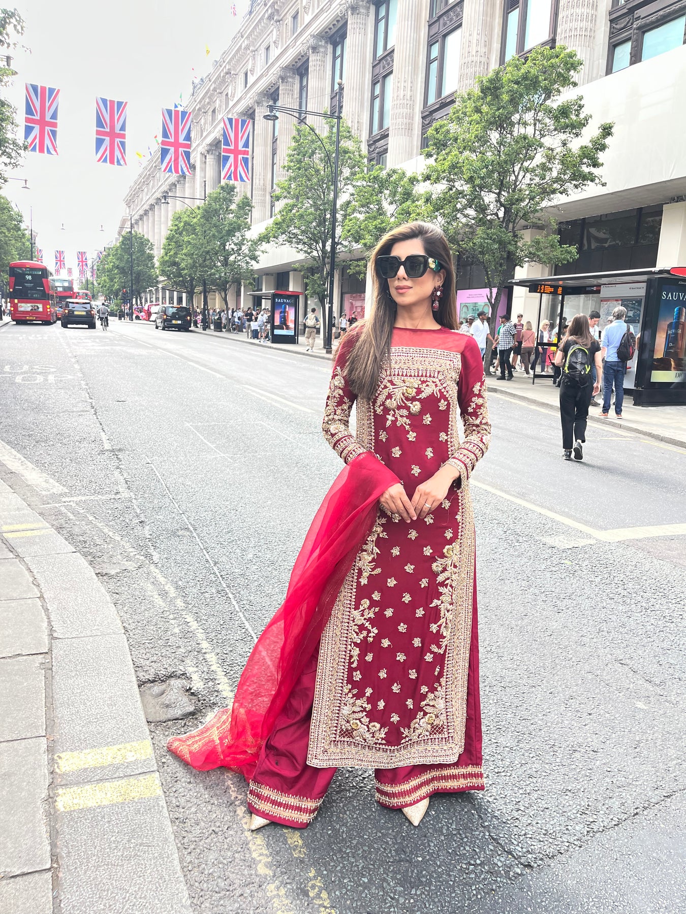 Pakistani Venetian Red Hand-Embellished Khaadi Net Salwar Kameez (3-Piece) - Image 2