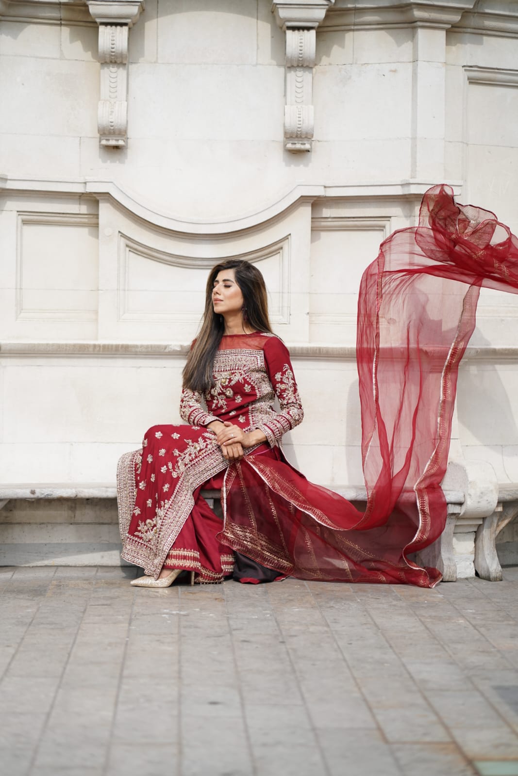 Pakistani Venetian Red Hand-Embellished Khaadi Net Salwar Kameez (3-Piece) - Image 3