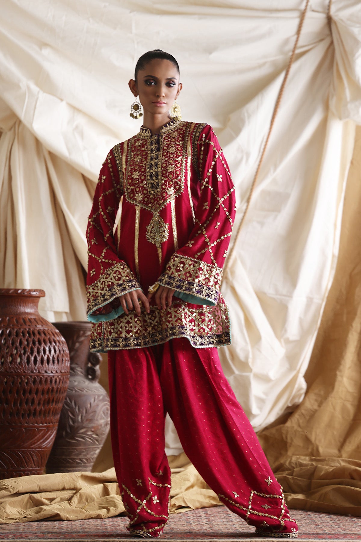 Pakistani Red Gotta Embellished Korean Silk Salwar Kameez (2-Piece) - Image 1