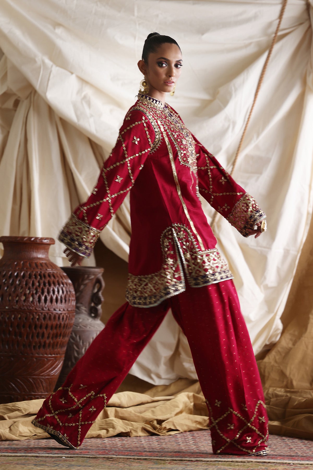 Pakistani Red Gotta Embellished Korean Silk Salwar Kameez (2-Piece) - Image 3