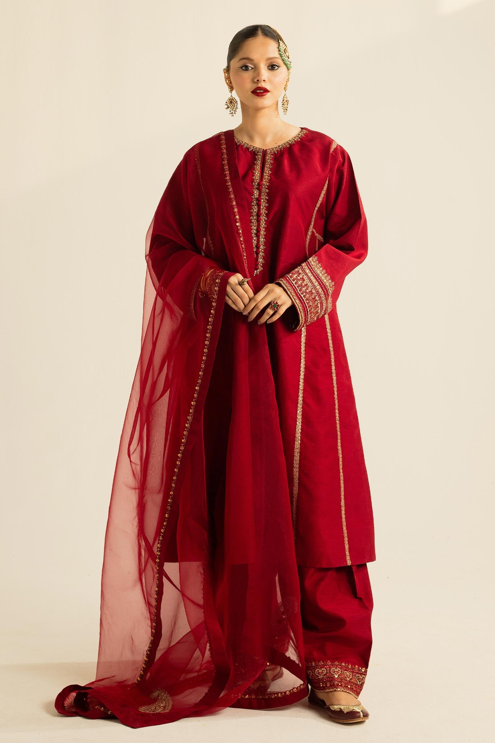 Deep Red Zardozi Resham Korean Silk Kurta Set (3-Piece) - Image 1