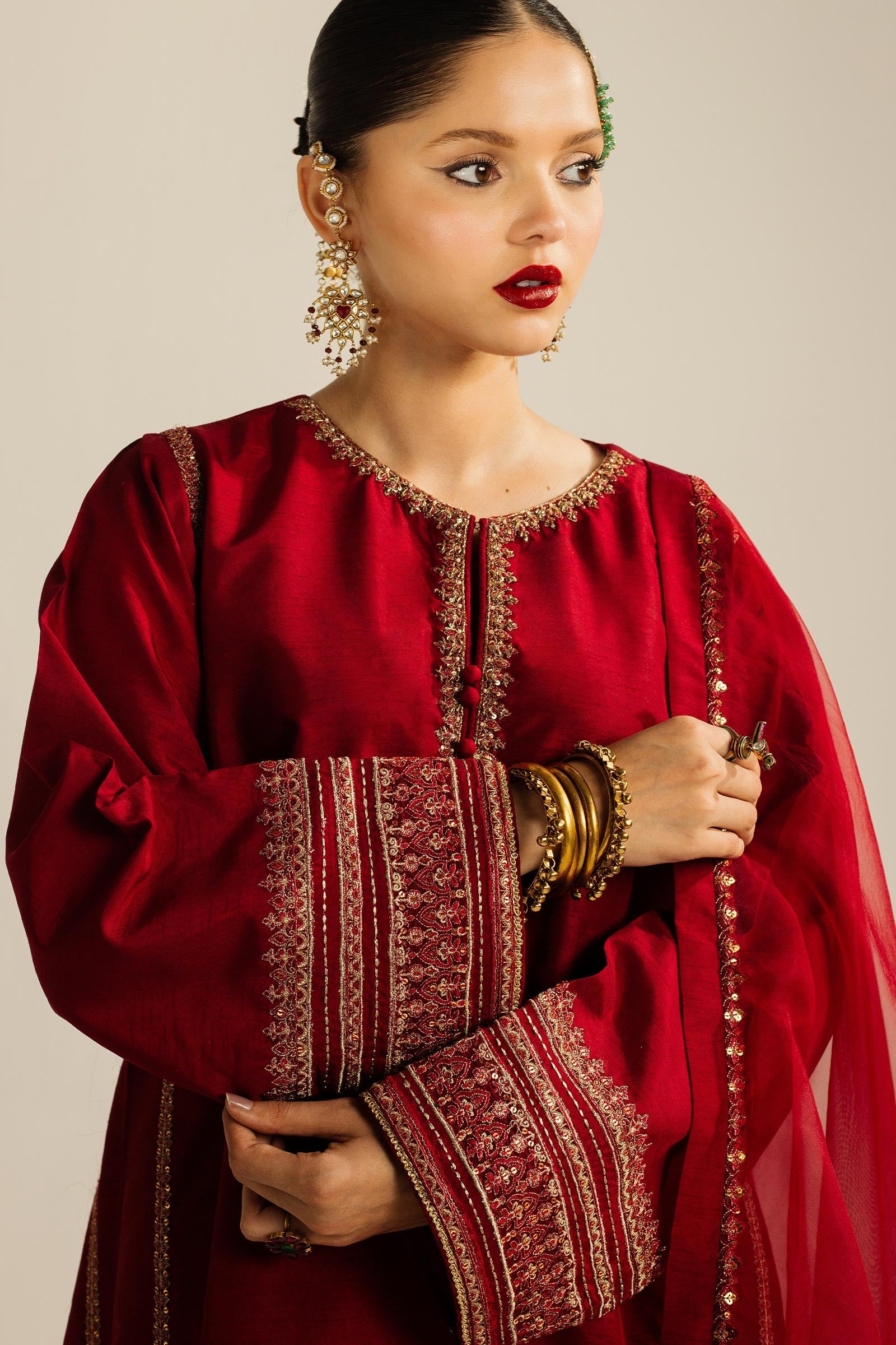 Deep Red Zardozi Resham Korean Silk Kurta Set (3-Piece) - Image 2