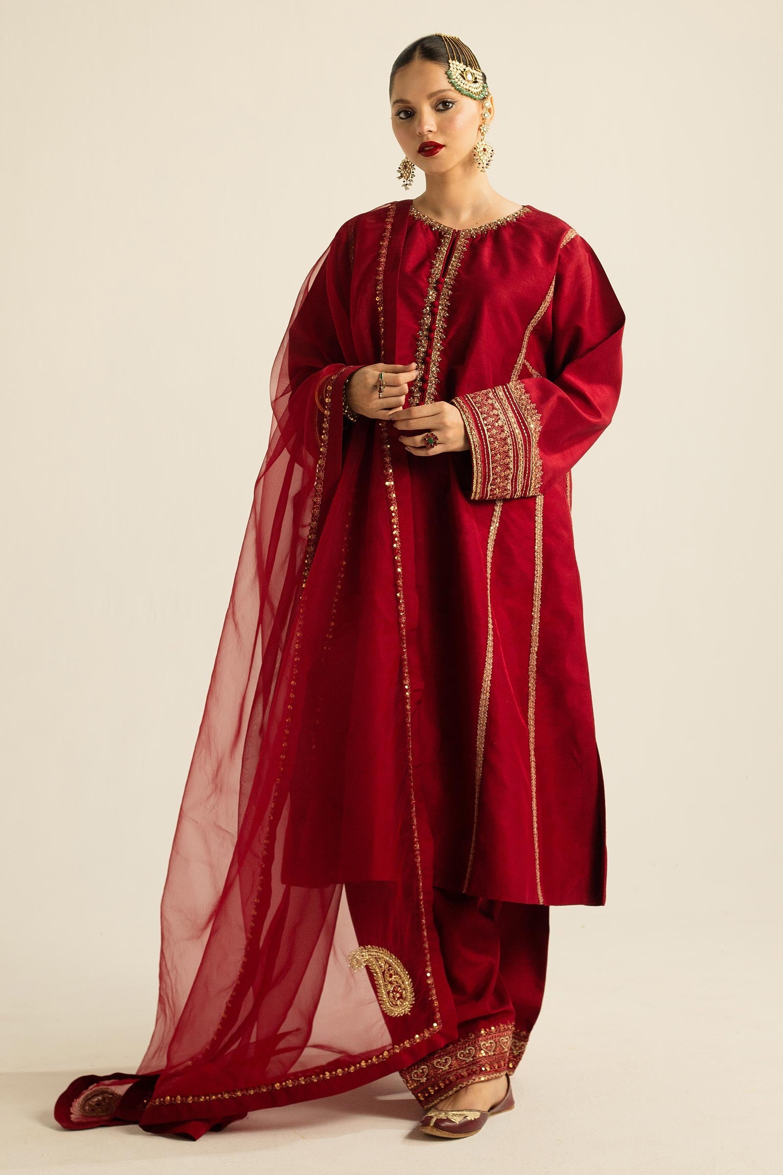 Deep Red Zardozi Resham Korean Silk Kurta Set (3-Piece) - Image 3