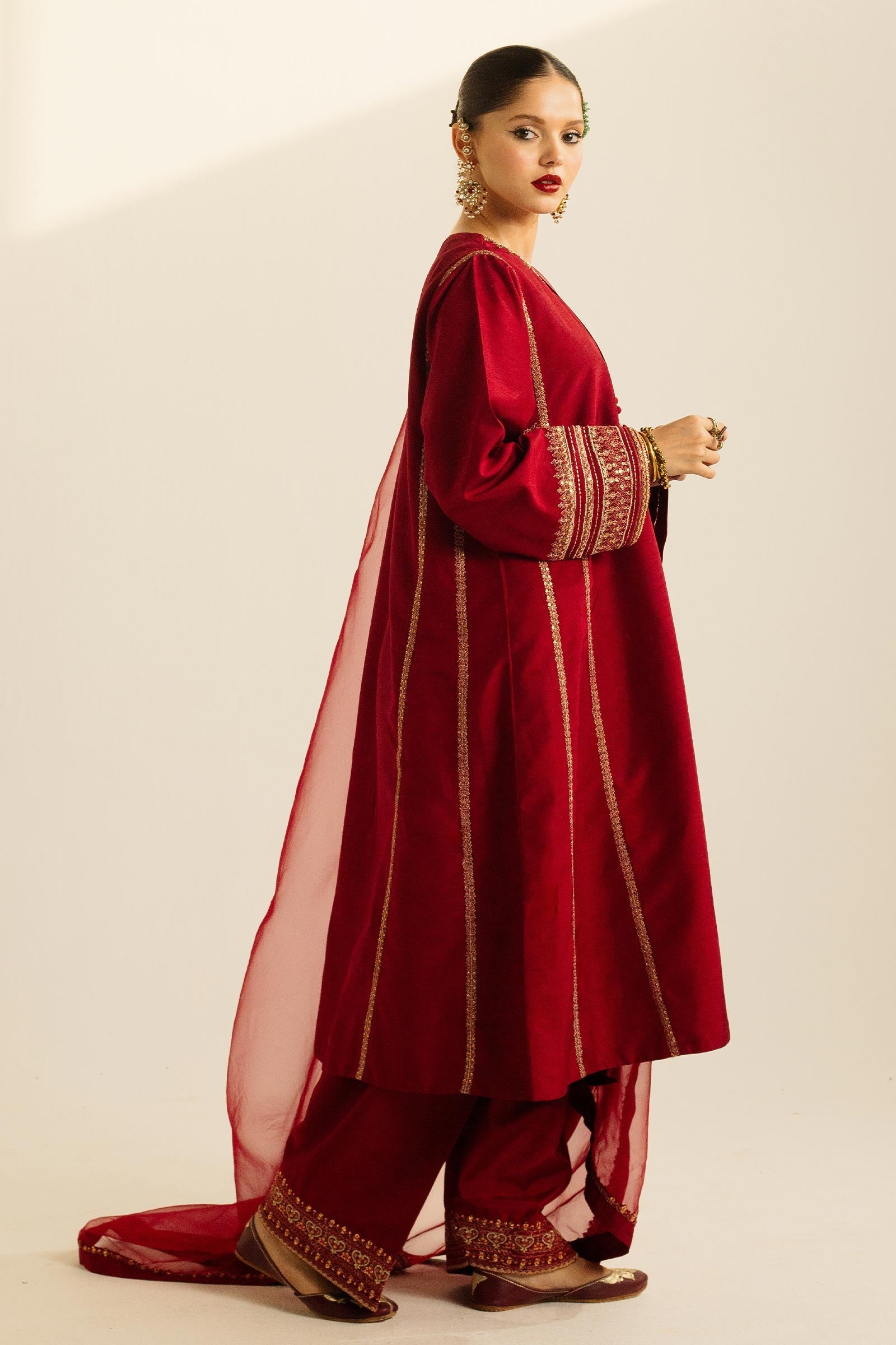 Deep Red Zardozi Resham Korean Silk Kurta Set (3-Piece) - Image 5