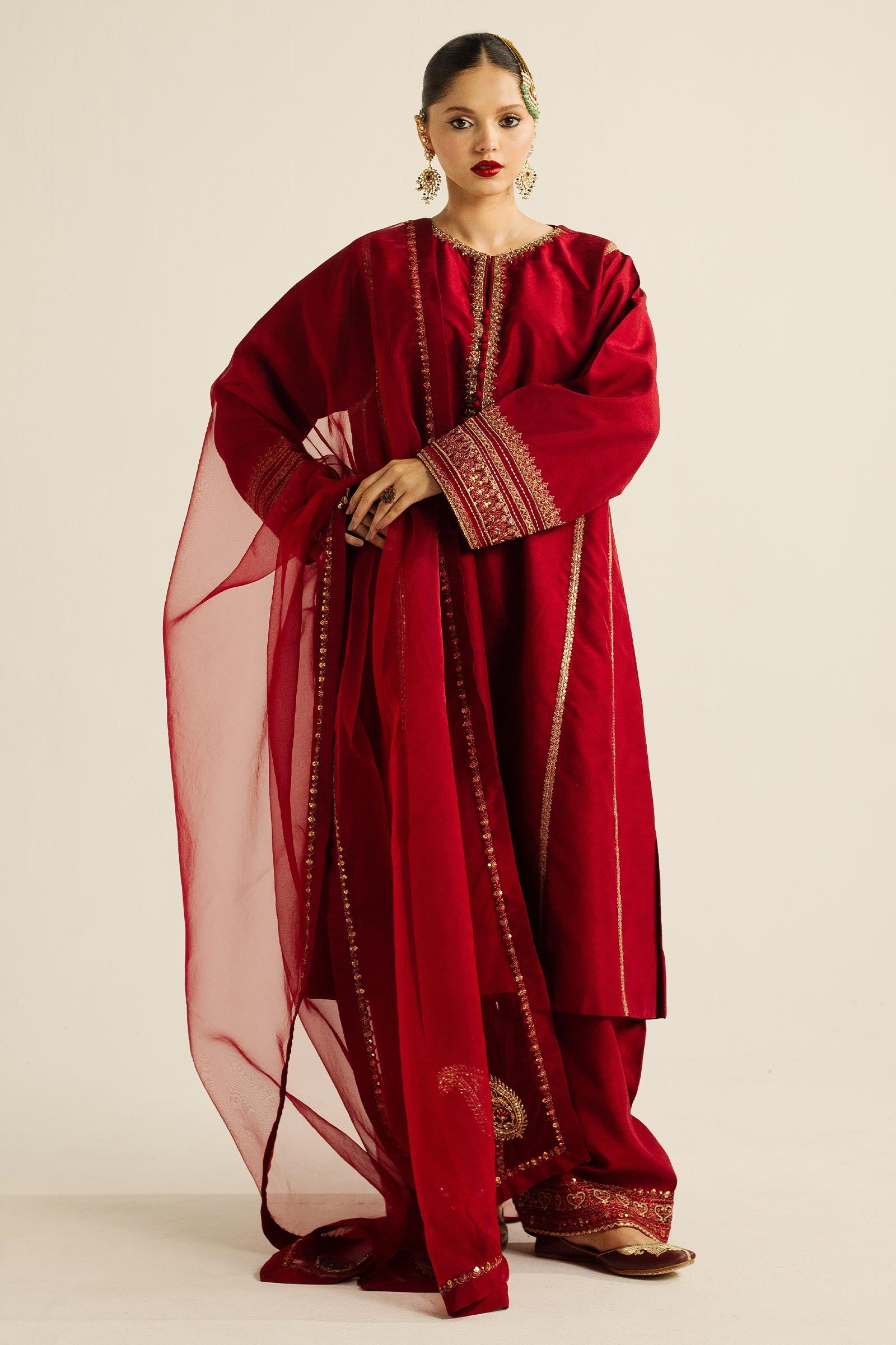 Deep Red Zardozi Resham Korean Silk Kurta Set (3-Piece) - Image 6