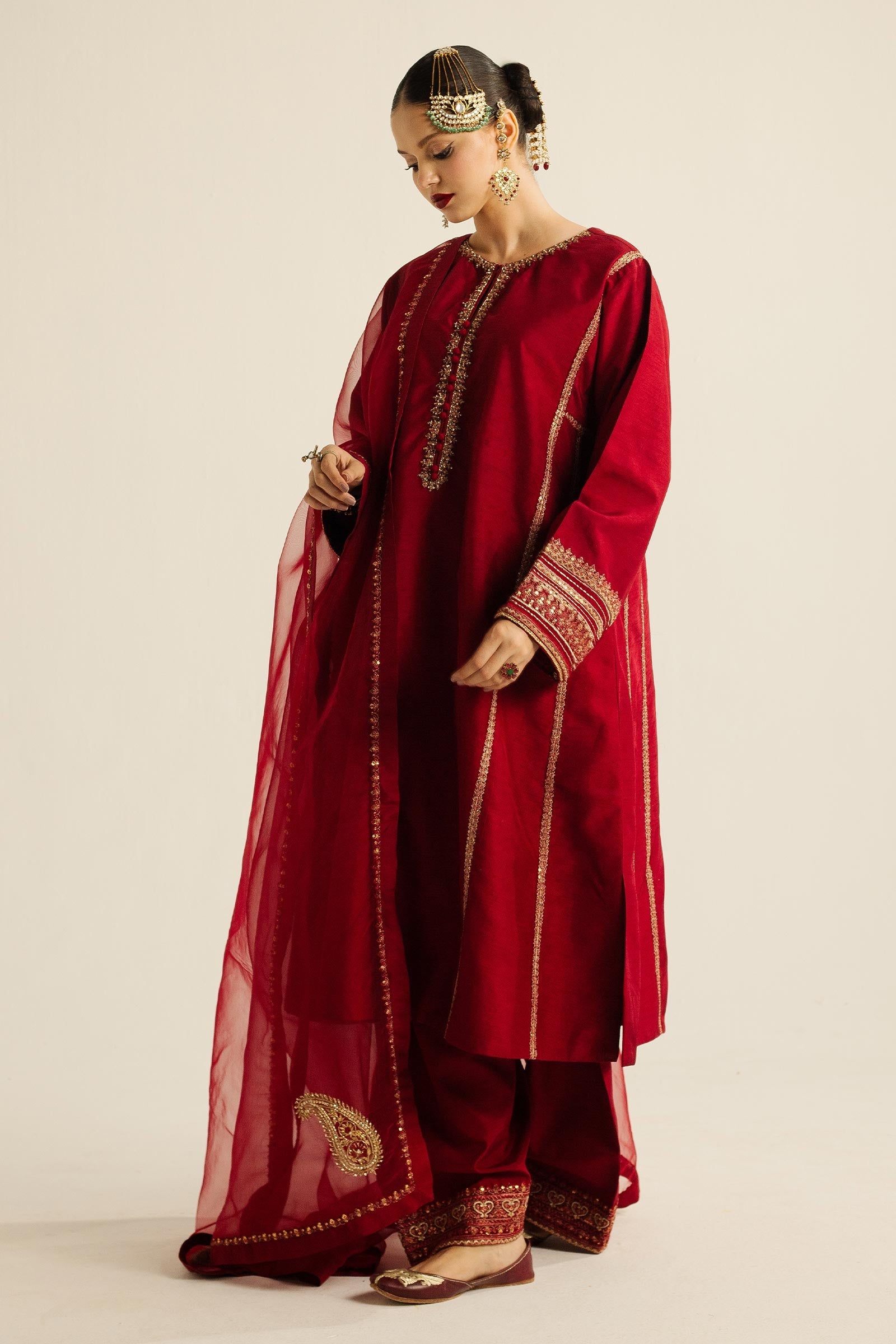 Deep Red Zardozi Resham Korean Silk Kurta Set (3-Piece) - Image 7
