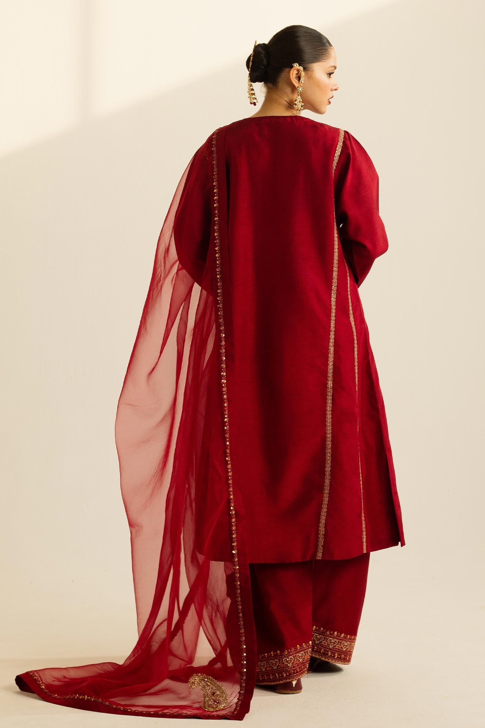 Deep Red Zardozi Resham Korean Silk Kurta Set (3-Piece) - Image 8