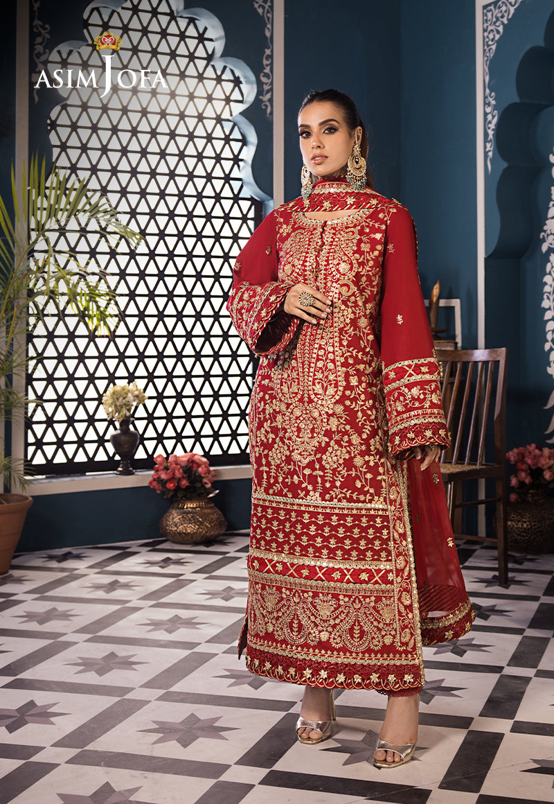 Pakistani Deep Red Embroidered Lawn & Chiffon Salwar Kameez (3-Piece) - Image 1