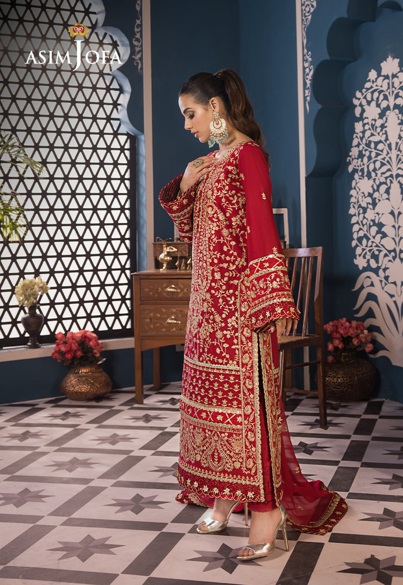 Pakistani Deep Red Embroidered Lawn & Chiffon Salwar Kameez (3-Piece) - Image 3