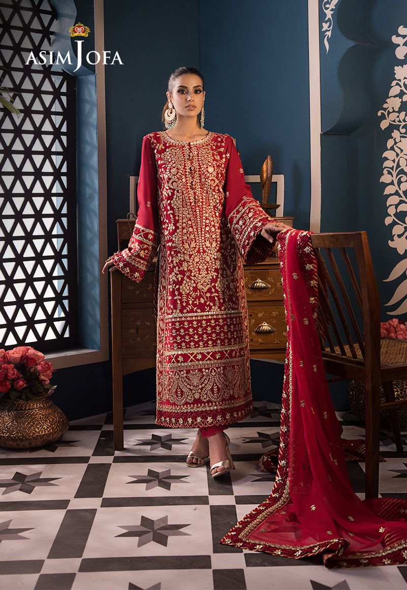 Pakistani Deep Red Embroidered Lawn & Chiffon Salwar Kameez (3-Piece) - Image 4