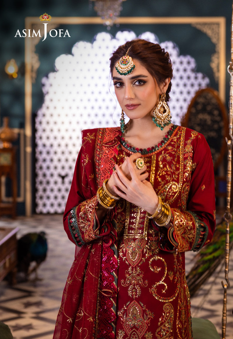 Crimson Red Embroidered Lawn & Chiffon 3-Piece Suit - Image 1